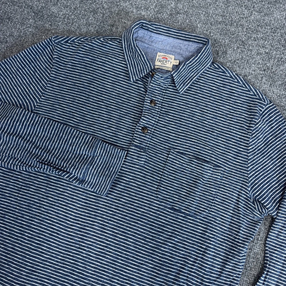 Faherty Polo Shirt Mens Small Luxe Striped Heather Organic Cotton Long Sleeve